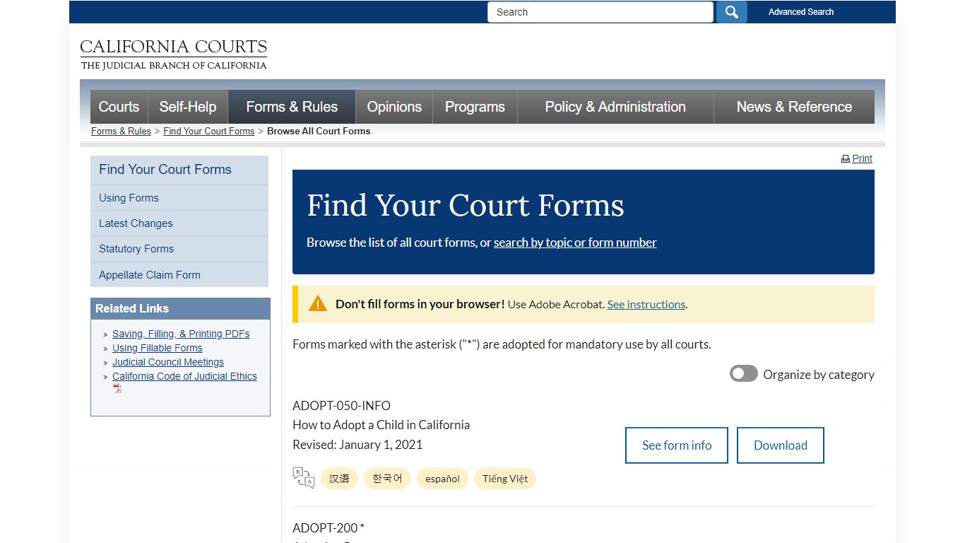 Browse All Court Forms - California